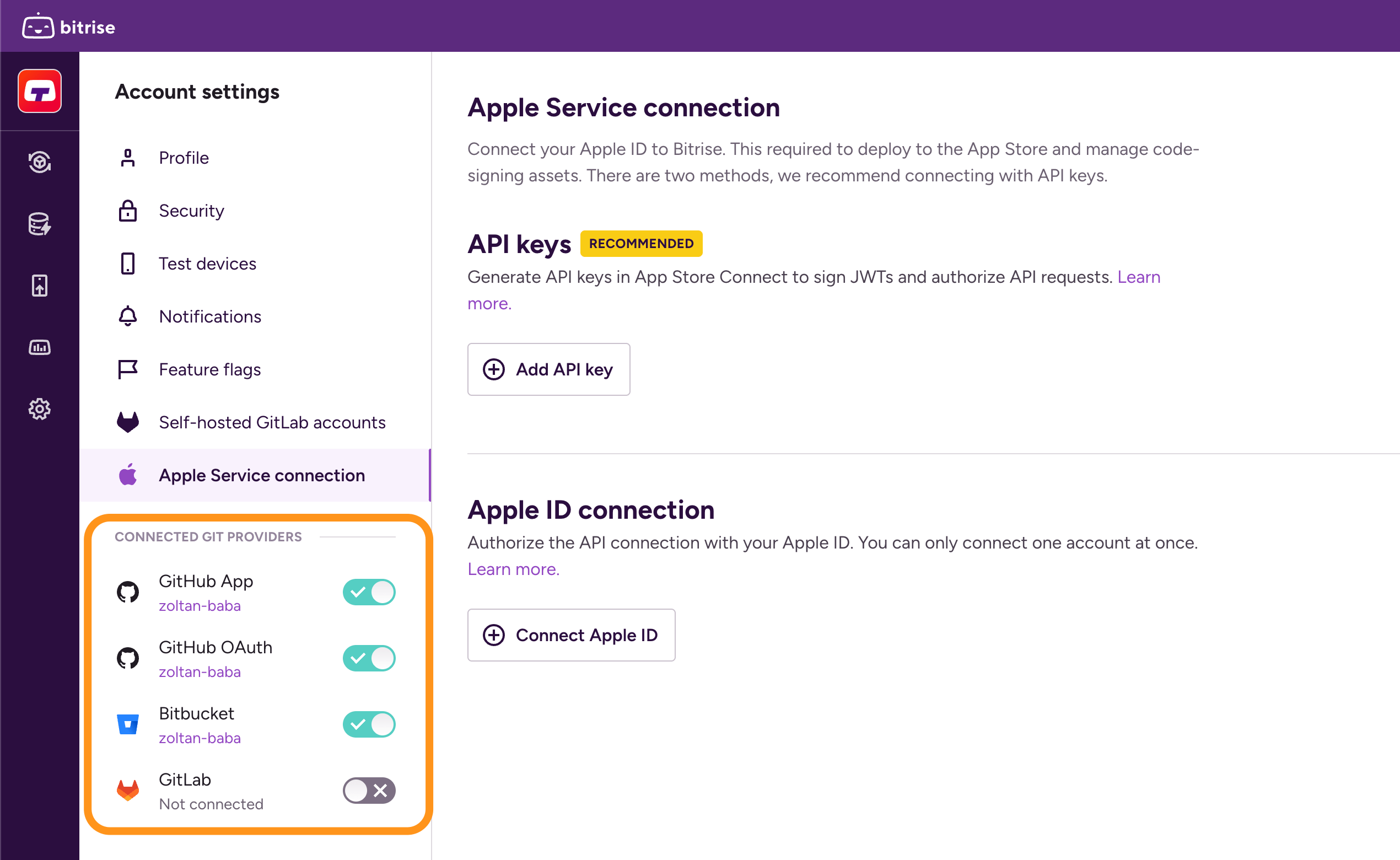 Connect account to Bitrise